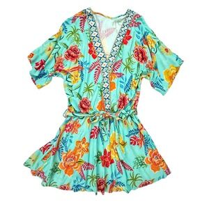 Cupshe Women Aqua Tropical Floral V-Neck Romper Short Sleeve Medium Tie Belt